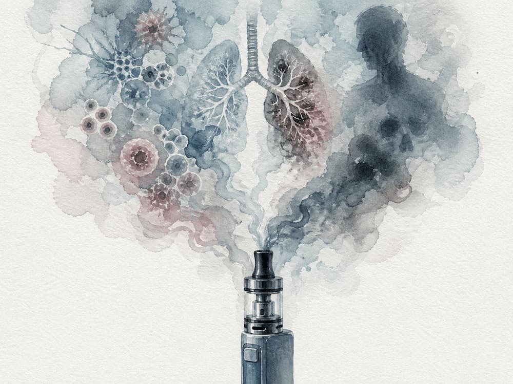 watercolor image of nicotine vape with lung cancer  motif