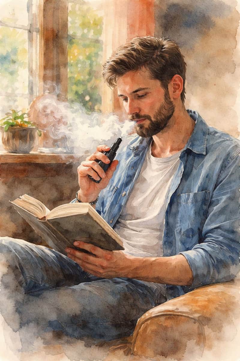 a man vaping and reading